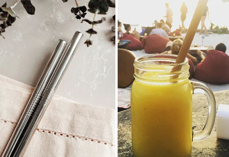 Stainless steel or bamboo straws are reusable alternatives to plastic straws