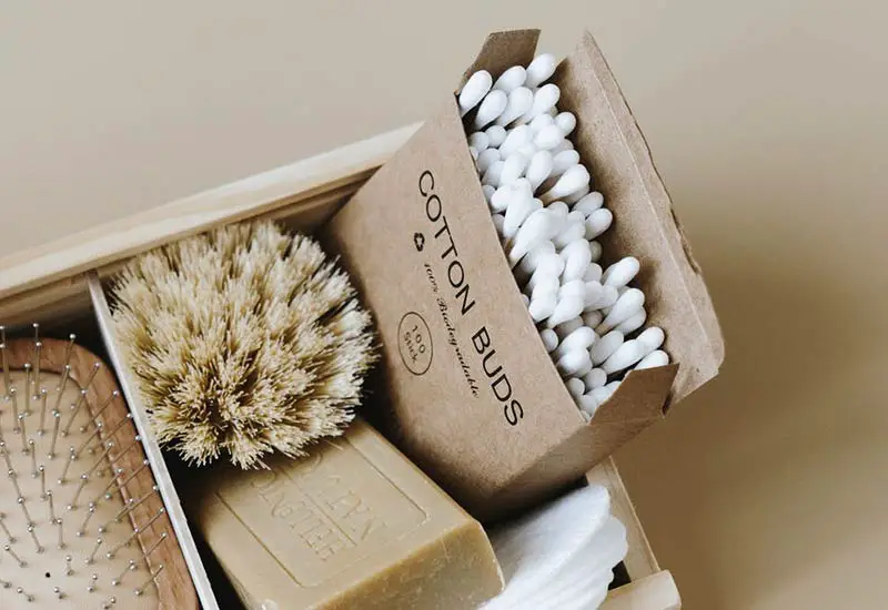 Ecological cotton buds and soap in plastic free bathroom