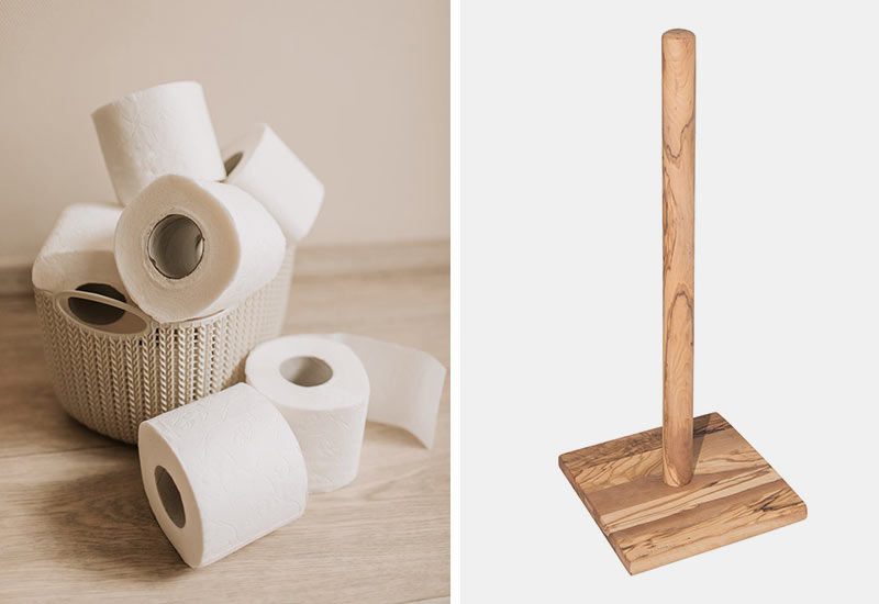 Plastic free bathroom with wooden toilet paper holder