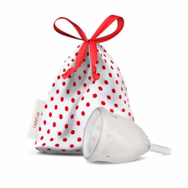 Menstrual cup in white red bag