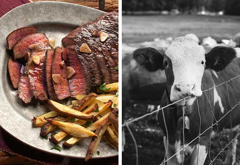 Fleisch auf dem Teller, die Kuh auf dem Feld