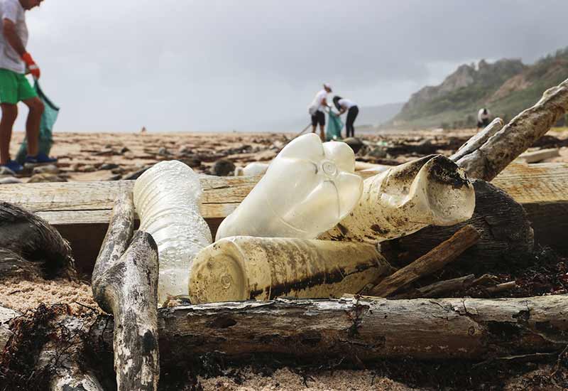 Mineralwasser-Plastikflaschen als Müll am Strand