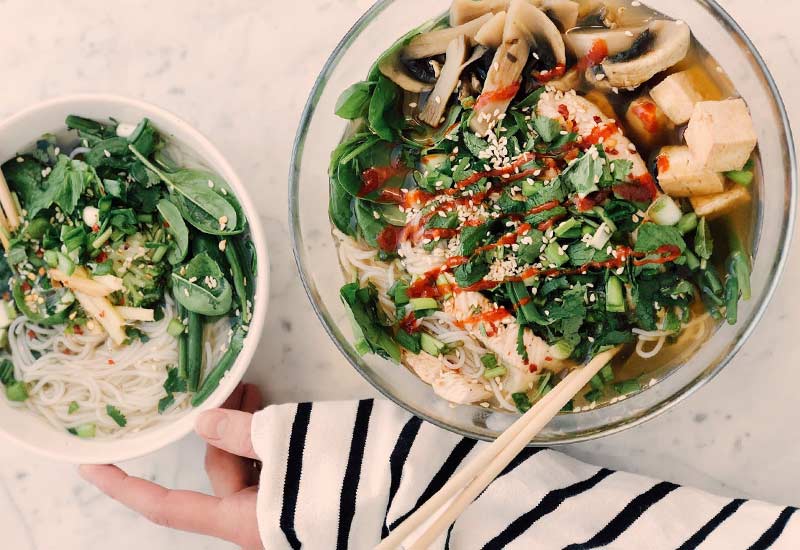 Tofu with glass noodles and mushrooms