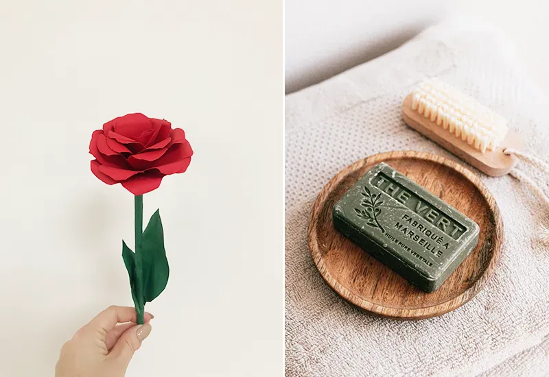 Papier-Rose oder Wellness Paket als plastikfreie Geschenkidee zum Valentinstag