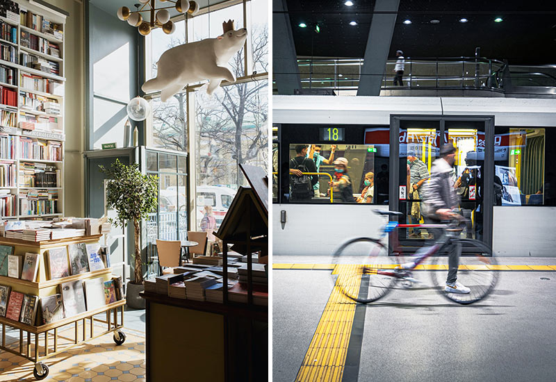 In der Stadt nachhaltig leben mit lokalen Geschäften und Öffentlichen Verkehrsmitteln