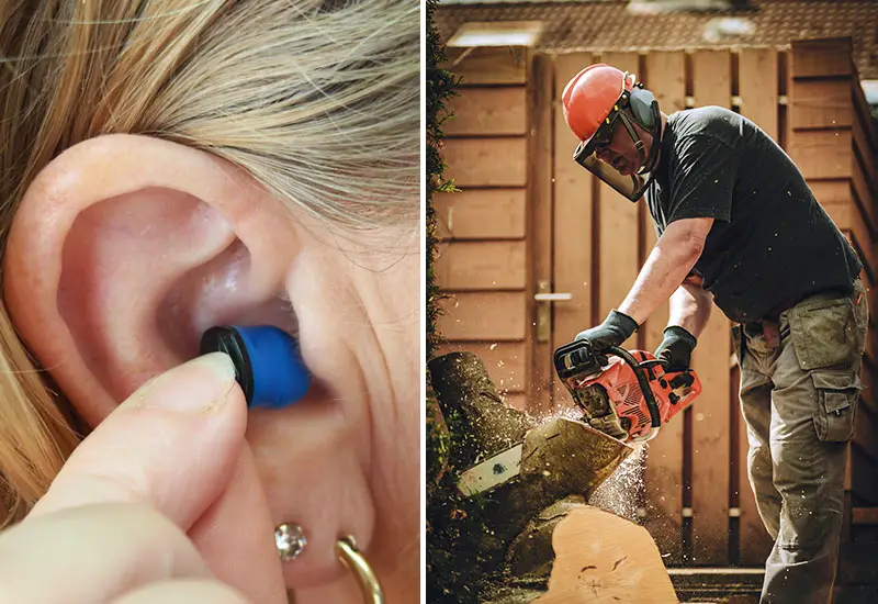 Ohrenstöpsel und Gehörschutz tragen bei hoher Lärmbelastung